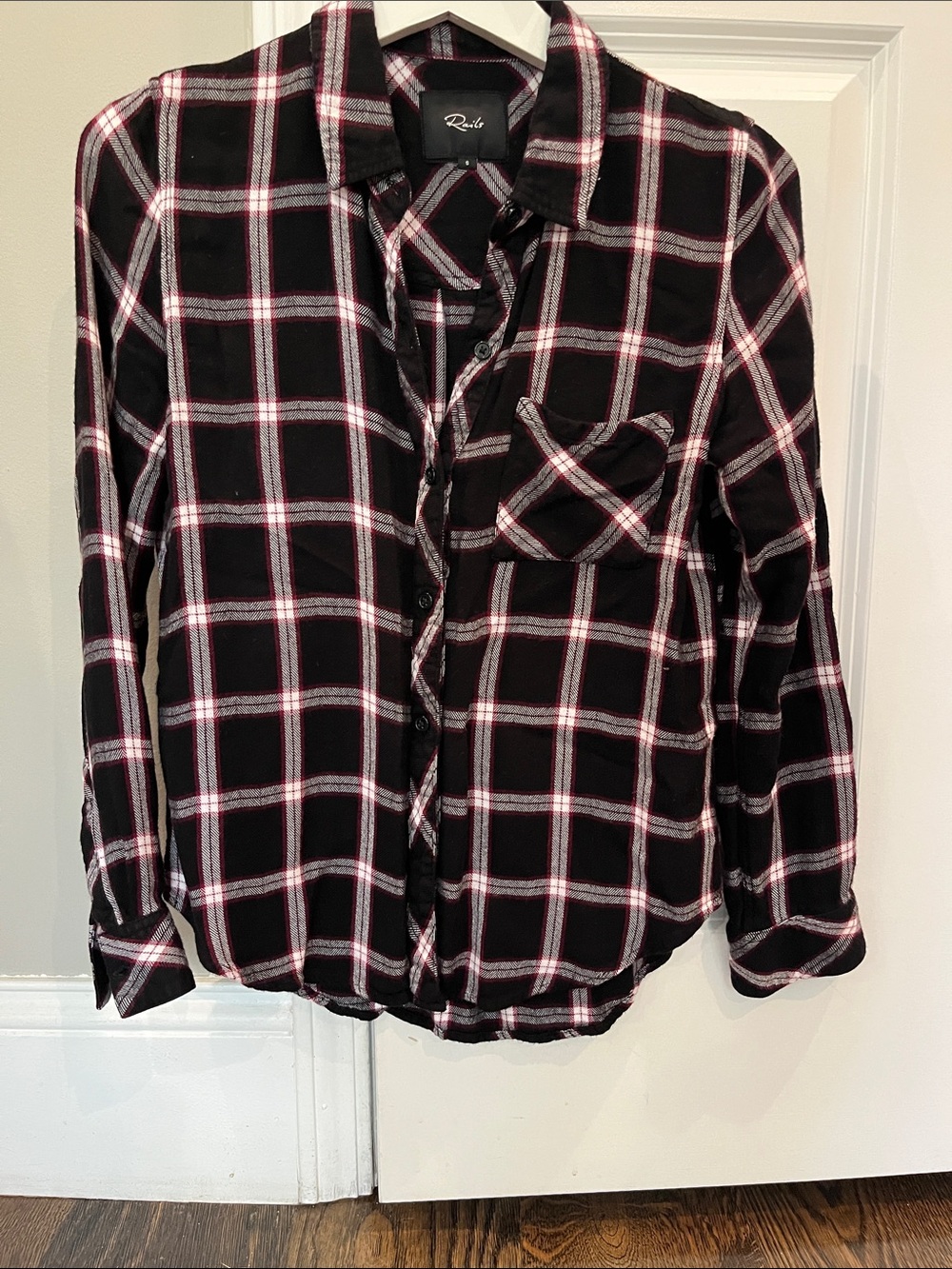 Rails Black Plaid Shirt with White and Red Windowpane